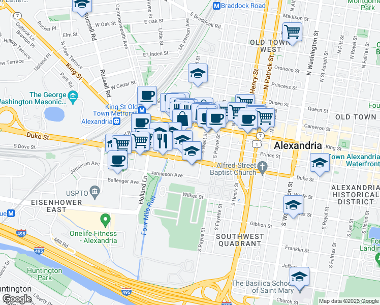 map of restaurants, bars, coffee shops, grocery stores, and more near 326 Commerce Street in Alexandria