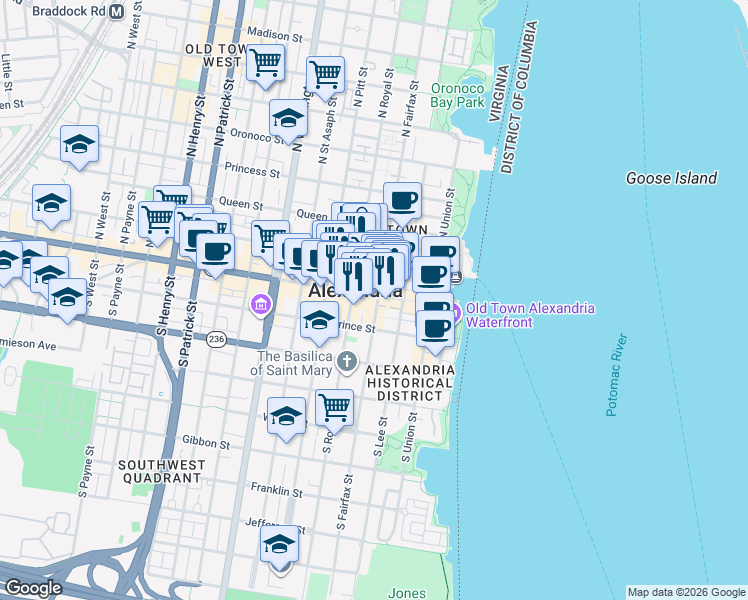 map of restaurants, bars, coffee shops, grocery stores, and more near 300 King Street in Alexandria