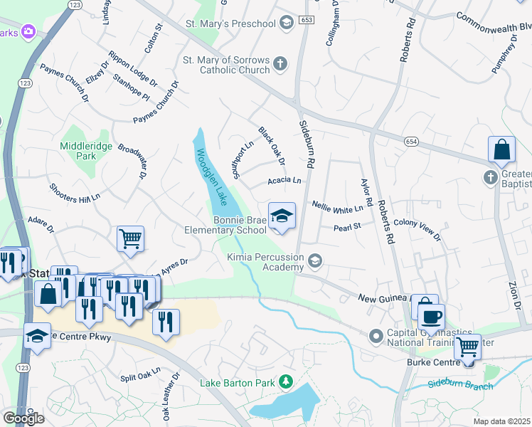 map of restaurants, bars, coffee shops, grocery stores, and more near 5503 Fireside Court in Fairfax