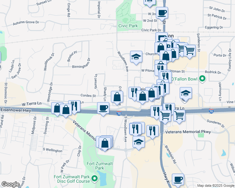 map of restaurants, bars, coffee shops, grocery stores, and more near 421 Cordes Street in O'Fallon