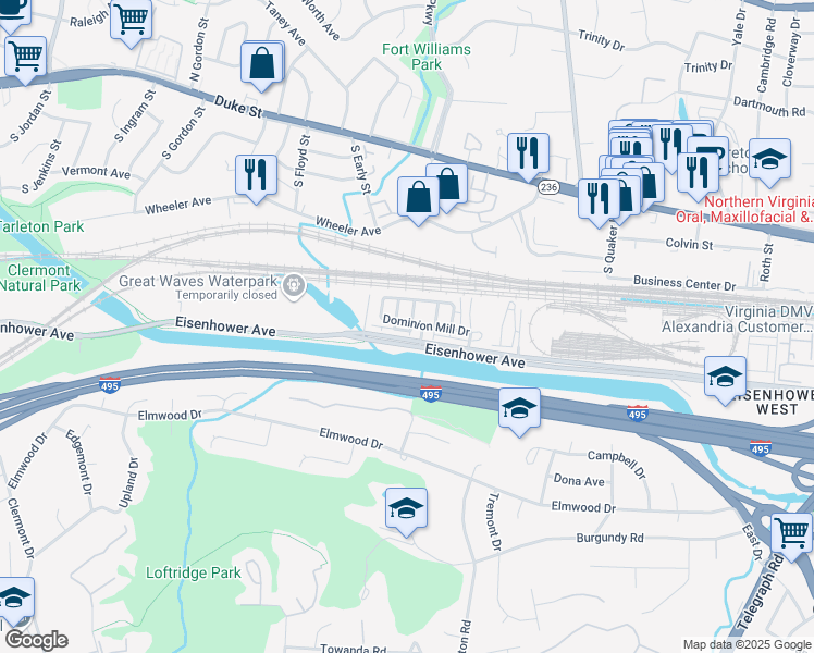 map of restaurants, bars, coffee shops, grocery stores, and more near 3832 Dominion Mill Drive in Alexandria