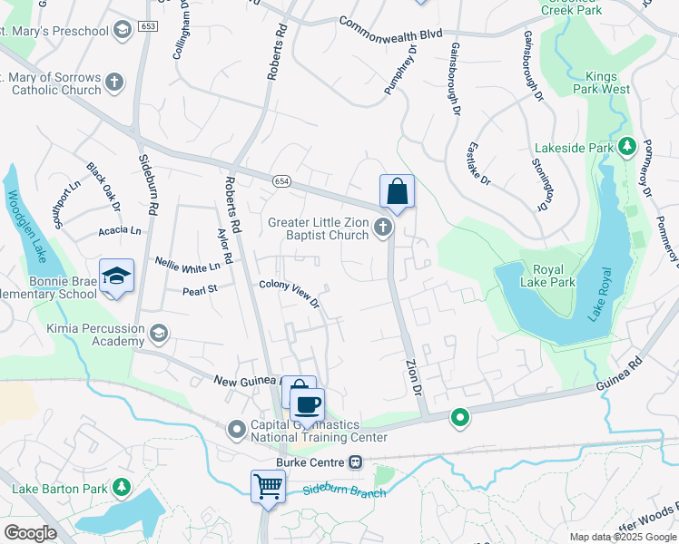 map of restaurants, bars, coffee shops, grocery stores, and more near 10217 Grovewood Way in Fairfax