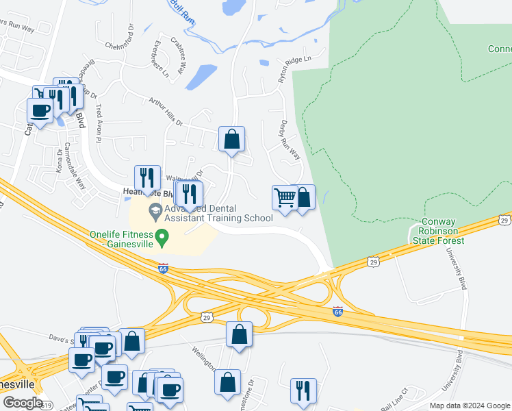 map of restaurants, bars, coffee shops, grocery stores, and more near 13665 Paddock Court in Gainesville