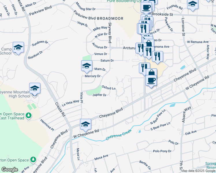 map of restaurants, bars, coffee shops, grocery stores, and more near 1013 Skyway Boulevard in Colorado Springs