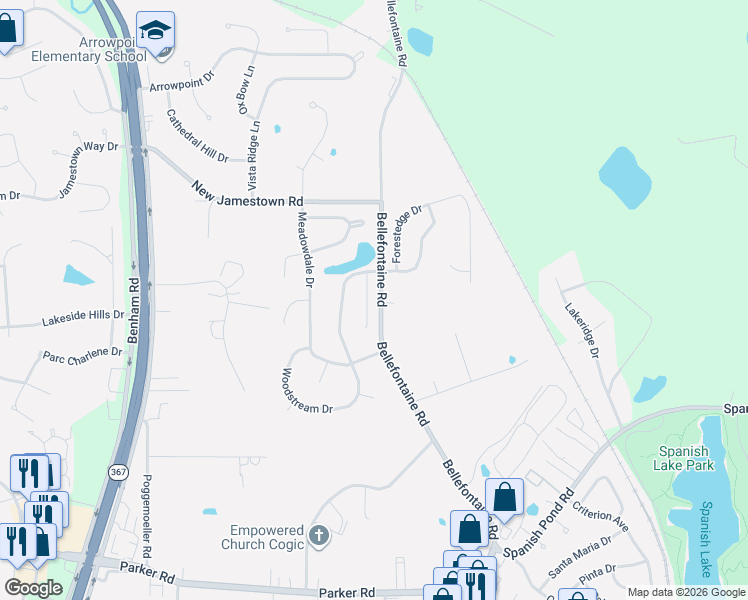 map of restaurants, bars, coffee shops, grocery stores, and more near 12622 Bellefontaine Road in St. Louis