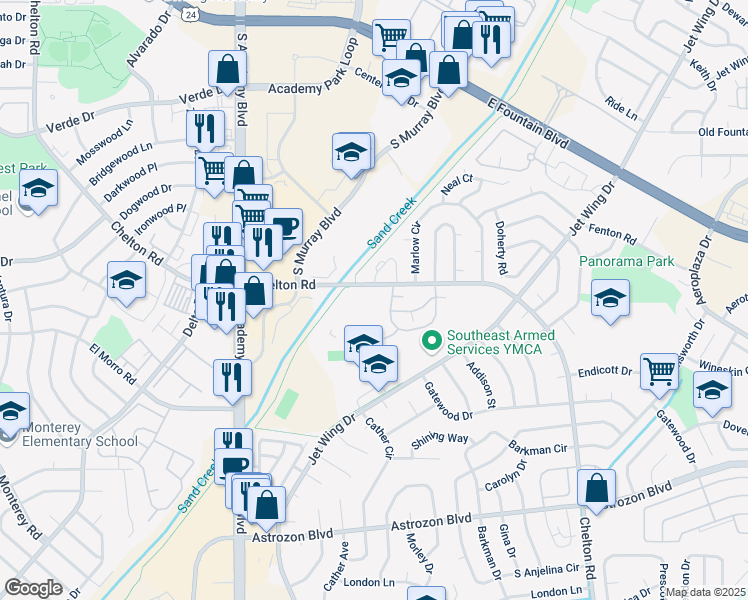 map of restaurants, bars, coffee shops, grocery stores, and more near 1960 Chelton Road in Colorado Springs