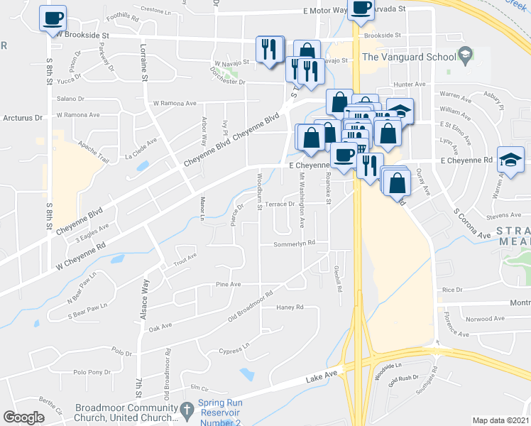 map of restaurants, bars, coffee shops, grocery stores, and more near 10 Terrace Drive in Colorado Springs