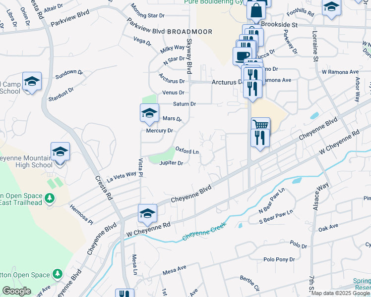 map of restaurants, bars, coffee shops, grocery stores, and more near 1013 Skyway Boulevard in Colorado Springs