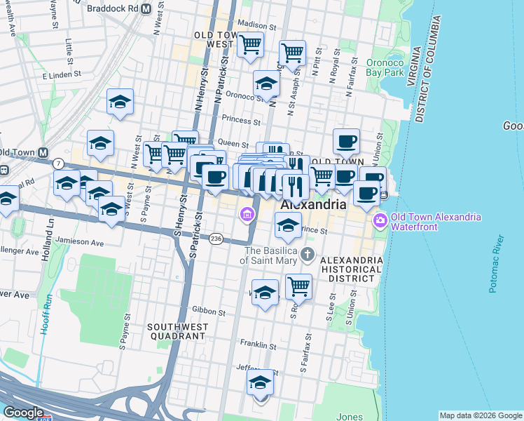 map of restaurants, bars, coffee shops, grocery stores, and more near in Alexandria