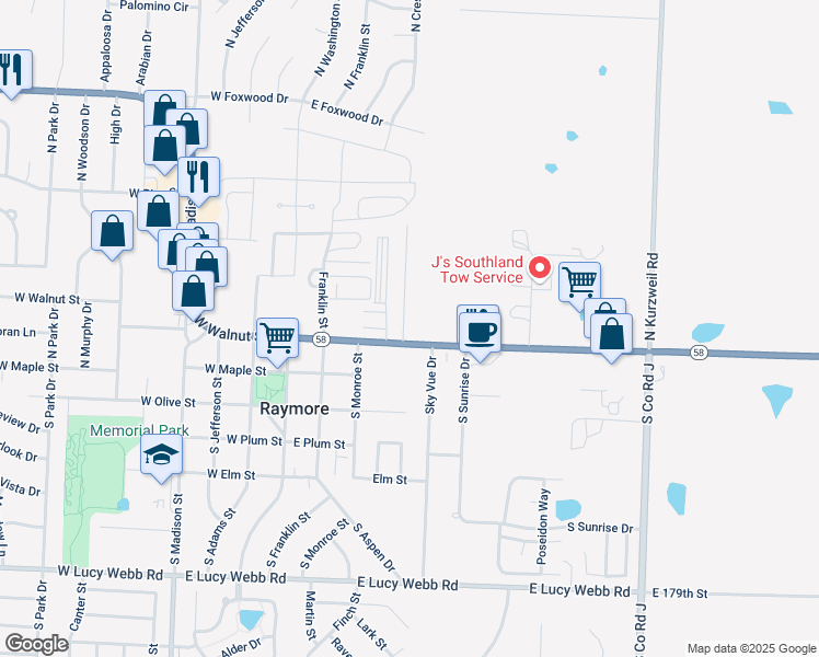 map of restaurants, bars, coffee shops, grocery stores, and more near 117 North Crest Drive in Raymore