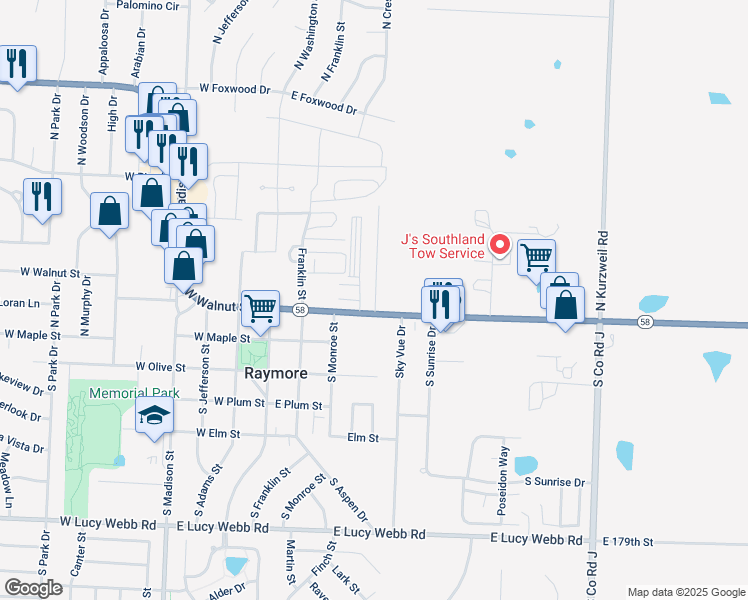 map of restaurants, bars, coffee shops, grocery stores, and more near 118 North Crest Drive in Raymore