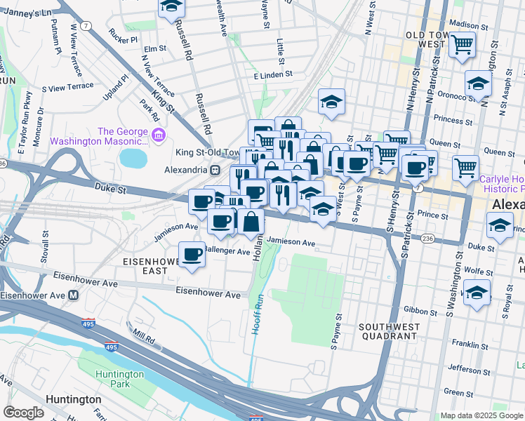 map of restaurants, bars, coffee shops, grocery stores, and more near 1701 Duke Street in Alexandria