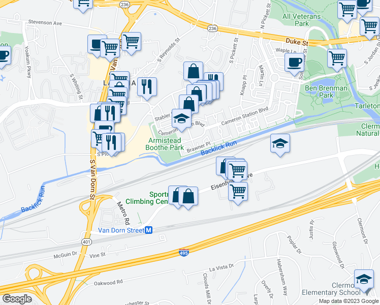 map of restaurants, bars, coffee shops, grocery stores, and more near 5143 Brawner Place in Alexandria