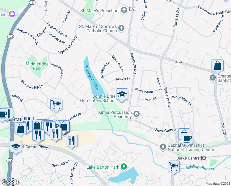map of restaurants, bars, coffee shops, grocery stores, and more near 5503 Fireside Court in Fairfax