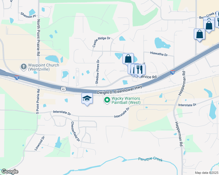 map of restaurants, bars, coffee shops, grocery stores, and more near 1970 West Pearce Boulevard in Wentzville