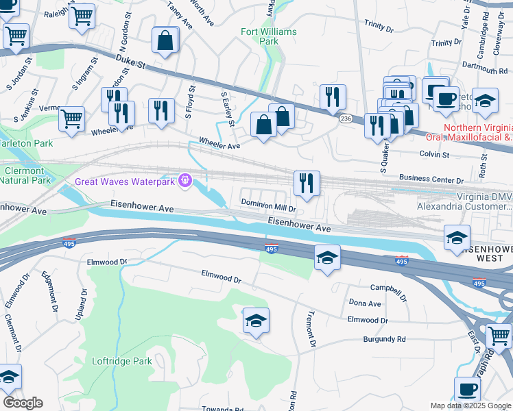 map of restaurants, bars, coffee shops, grocery stores, and more near 3832 Dominion Mill Drive in Alexandria
