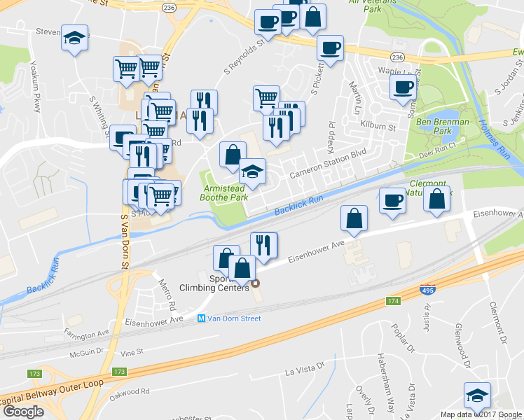 map of restaurants, bars, coffee shops, grocery stores, and more near 5147 Brawner Place in Alexandria