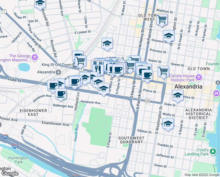 map of restaurants, bars, coffee shops, grocery stores, and more near 237 North West Street in Alexandria