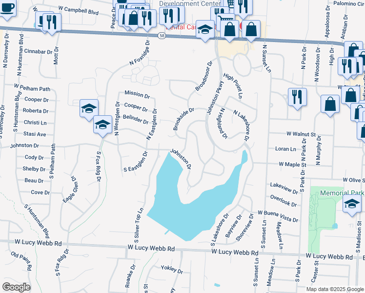 map of restaurants, bars, coffee shops, grocery stores, and more near 1028 Brookside Drive in Raymore