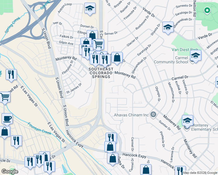 map of restaurants, bars, coffee shops, grocery stores, and more near 2002 Legacy Ridge View in Colorado Springs