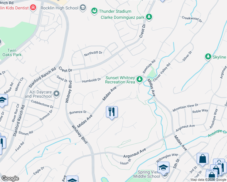 map of restaurants, bars, coffee shops, grocery stores, and more near 4350 Midas Avenue in Rocklin