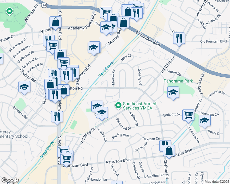 map of restaurants, bars, coffee shops, grocery stores, and more near 4394 South Chelton Road in Colorado Springs