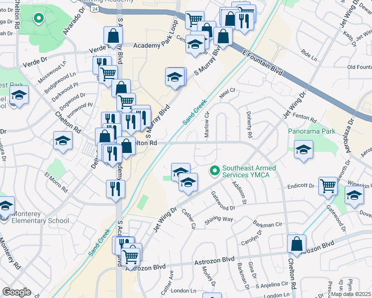 map of restaurants, bars, coffee shops, grocery stores, and more near 1951 South Chelton Road in Colorado Springs