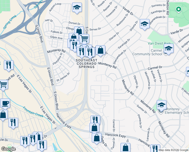 map of restaurants, bars, coffee shops, grocery stores, and more near 2002 Legacy Ridge View in Colorado Springs