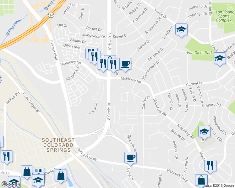 map of restaurants, bars, coffee shops, grocery stores, and more near 2002 Legacy Ridge View in Colorado Springs