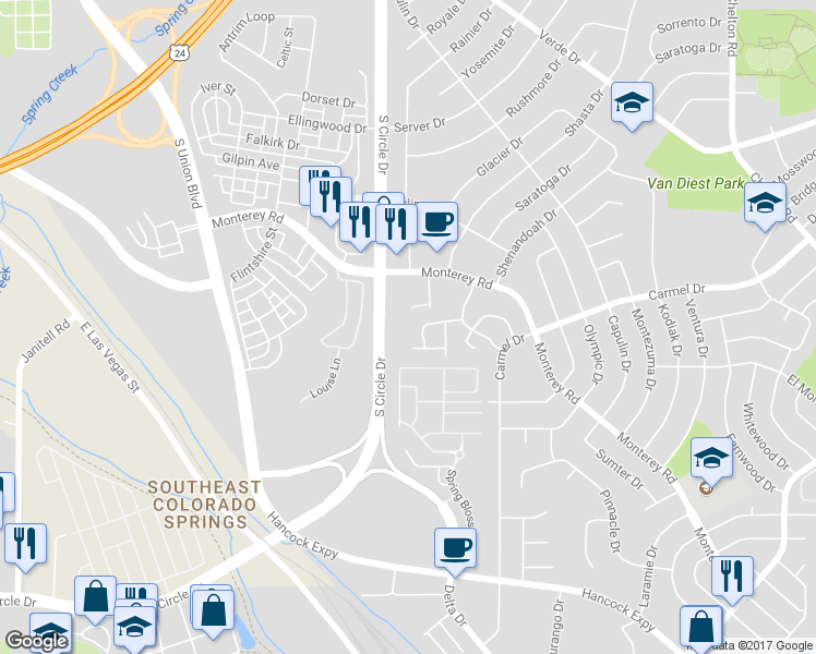 map of restaurants, bars, coffee shops, grocery stores, and more near 2002 Legacy Ridge View in Colorado Springs