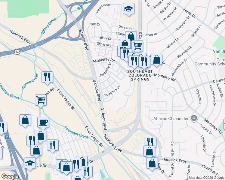 map of restaurants, bars, coffee shops, grocery stores, and more near 2267 Downend Street in Colorado Springs