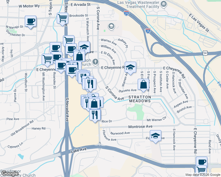 map of restaurants, bars, coffee shops, grocery stores, and more near 624 William Avenue in Colorado Springs