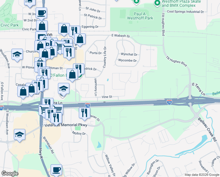 map of restaurants, bars, coffee shops, grocery stores, and more near 501 Dardenne Drive in O'Fallon