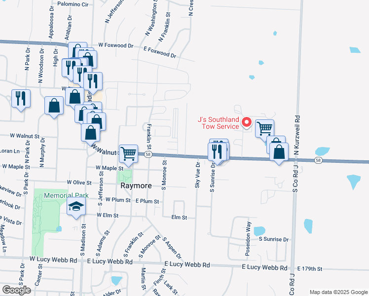 map of restaurants, bars, coffee shops, grocery stores, and more near 118 North Crest Drive in Raymore