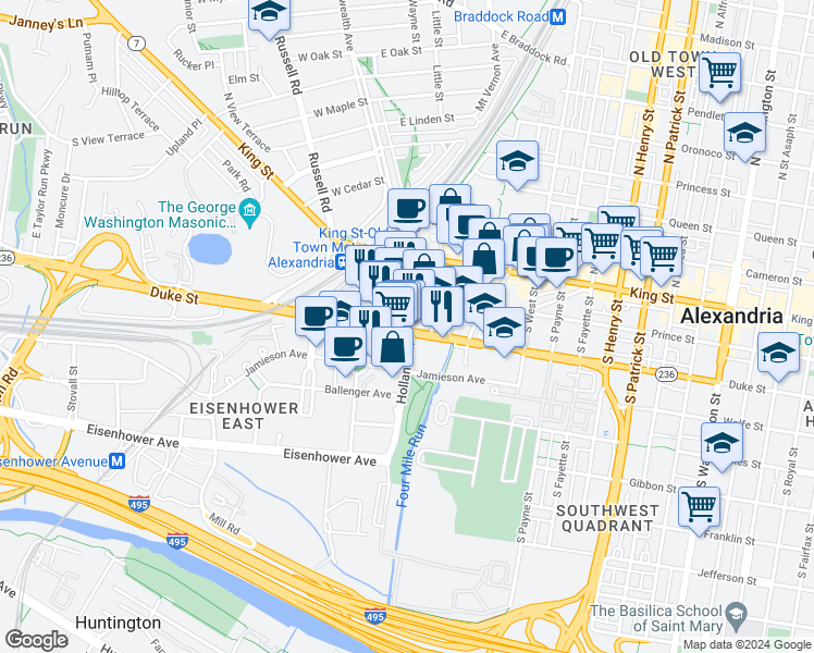 map of restaurants, bars, coffee shops, grocery stores, and more near 1707 Duke Street in Alexandria