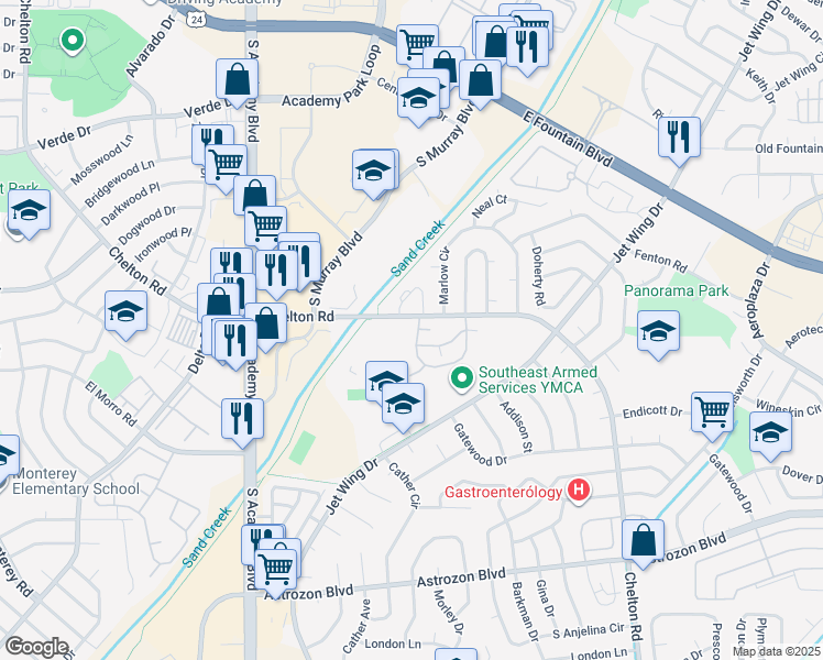 map of restaurants, bars, coffee shops, grocery stores, and more near 4201 Hunting Meadows Circle in Colorado Springs