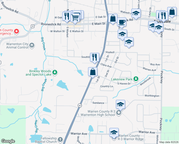 map of restaurants, bars, coffee shops, grocery stores, and more near 723 West Lakeview Drive in Warrenton