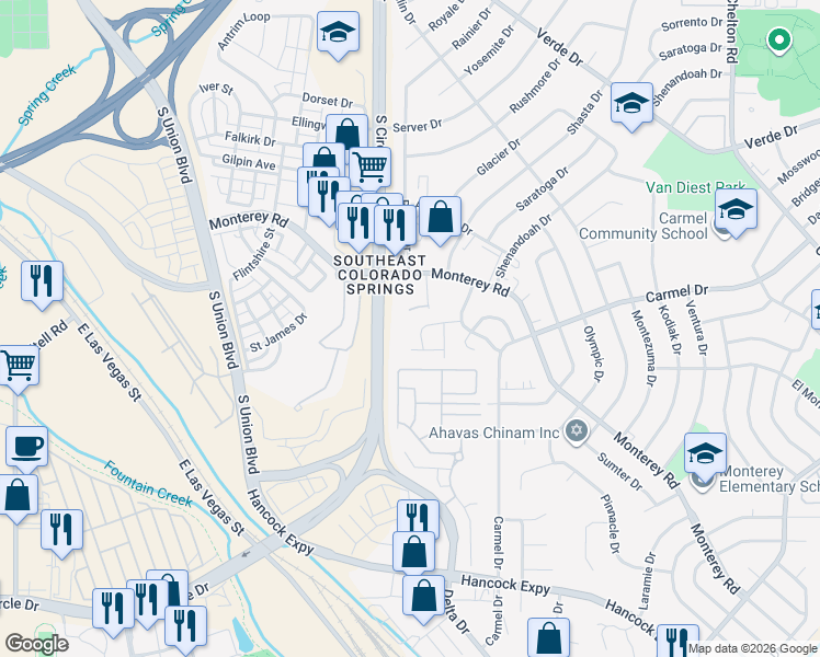 map of restaurants, bars, coffee shops, grocery stores, and more near 2002 Legacy Ridge View in Colorado Springs
