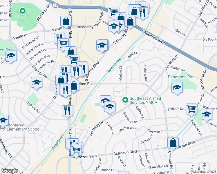 map of restaurants, bars, coffee shops, grocery stores, and more near 1960 Chelton Road in Colorado Springs