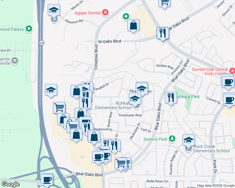 map of restaurants, bars, coffee shops, grocery stores, and more near 6211 Canvasback Court in Rocklin