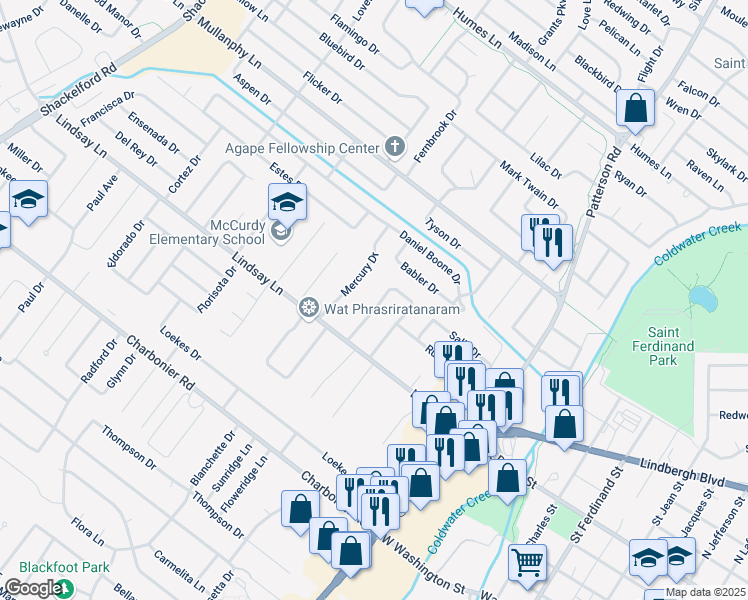 map of restaurants, bars, coffee shops, grocery stores, and more near 26 Hammes Drive in Florissant