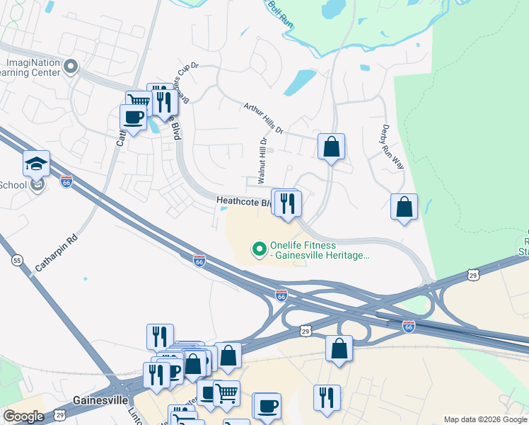 map of restaurants, bars, coffee shops, grocery stores, and more near 7801 Heritage Village Plaza in Gainesville