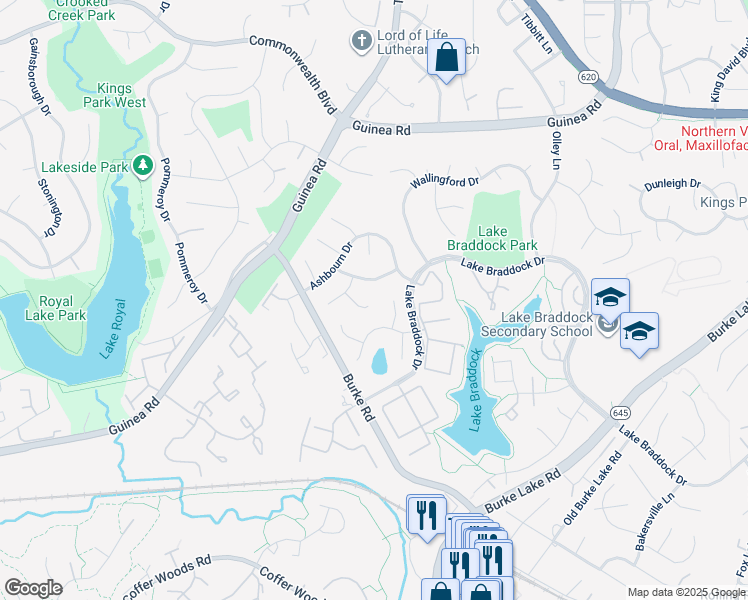 map of restaurants, bars, coffee shops, grocery stores, and more near 9520 Barnstable Court in Burke