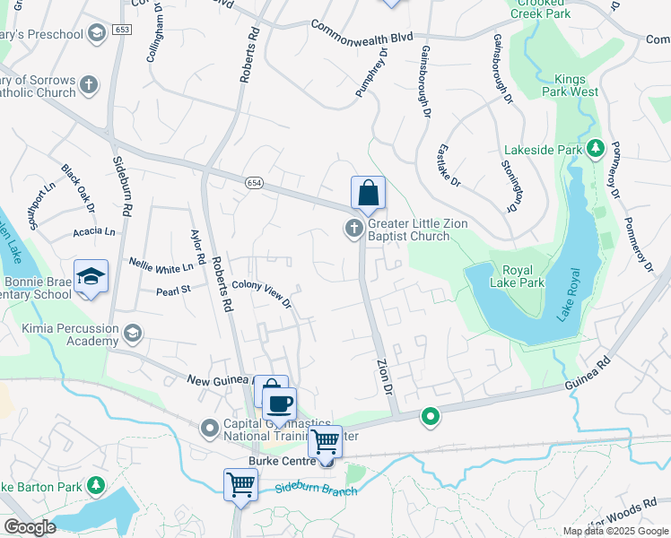 map of restaurants, bars, coffee shops, grocery stores, and more near 5408 Kennington Place in Fairfax