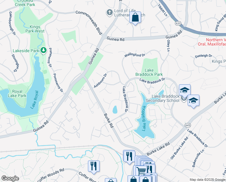 map of restaurants, bars, coffee shops, grocery stores, and more near 9520 Barnstable Court in Burke