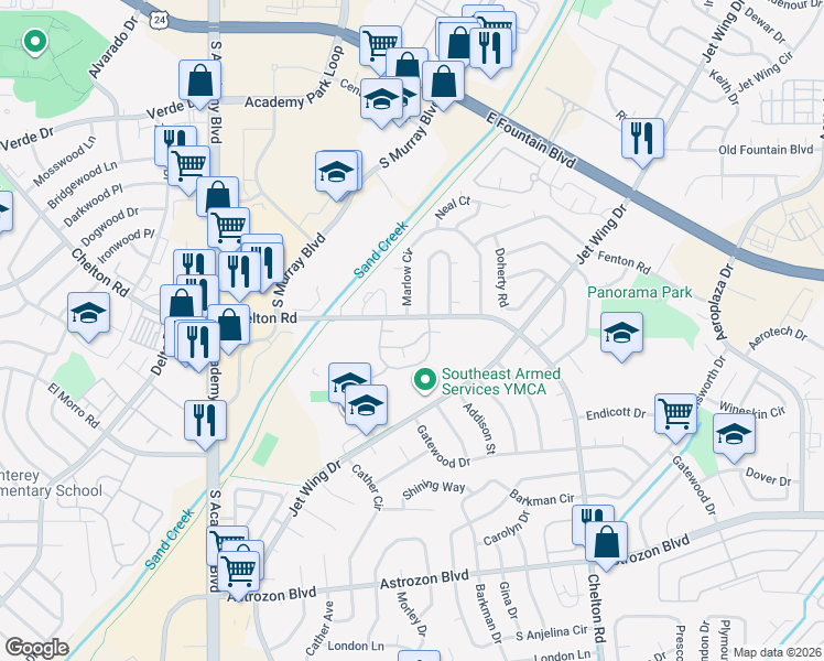 map of restaurants, bars, coffee shops, grocery stores, and more near 4394 South Chelton Road in Colorado Springs