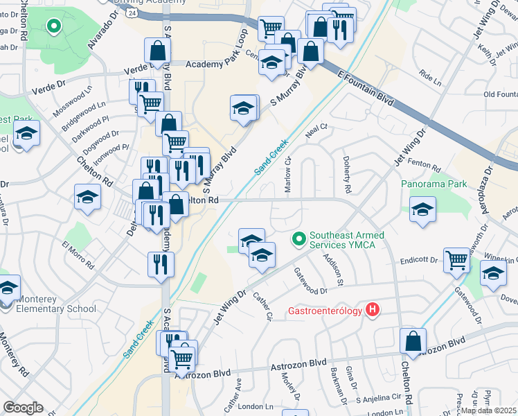 map of restaurants, bars, coffee shops, grocery stores, and more near 1951 South Chelton Road in Colorado Springs