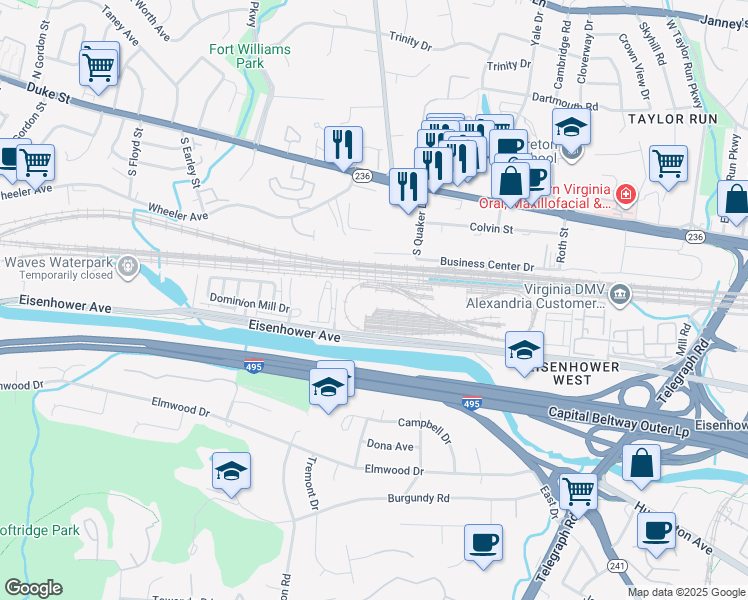 map of restaurants, bars, coffee shops, grocery stores, and more near 3699 Eisenhower Ave in Alexandria