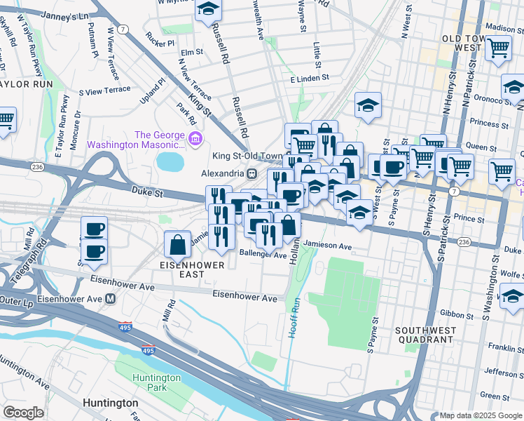 map of restaurants, bars, coffee shops, grocery stores, and more near 3300 Duke Street in Alexandria