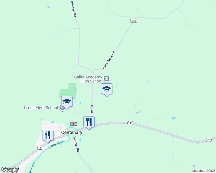 map of restaurants, bars, coffee shops, grocery stores, and more near 2855 Centenary Road in Gallipolis